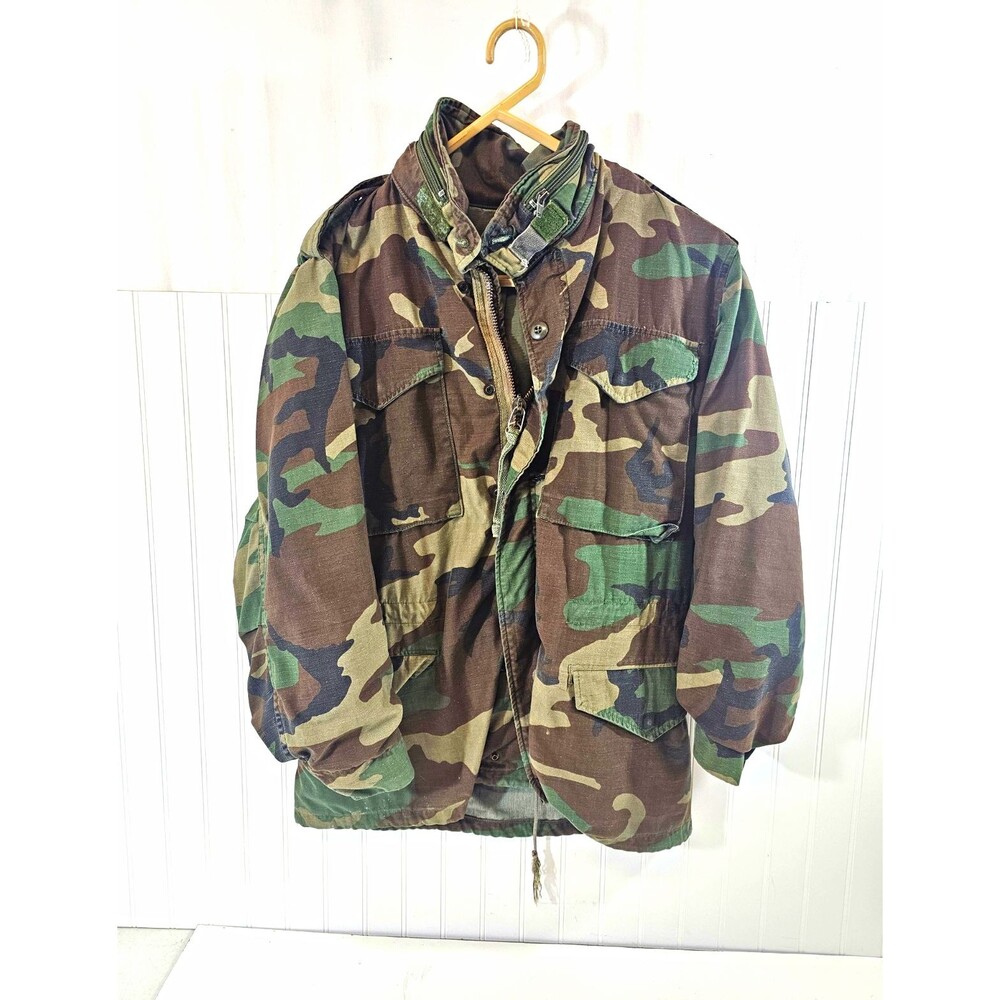 Men's Woodland Camouflage Military Field Jacket Stand-Up Collar Zip/Button Small